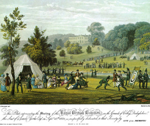 A coloured steel engraving to commemorate the 1823 meeting of the Royal British Bowmen shows their survival through the upheaval of the Napoleonic wars 