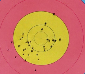 One of the top male recurver’s target faces at 50 metres 