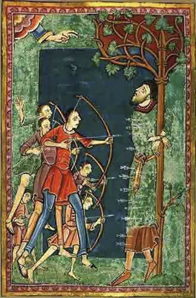 From The Life and Miracles of St Edmund, 12th century, this image shows Edmund shot by Viking archers 
